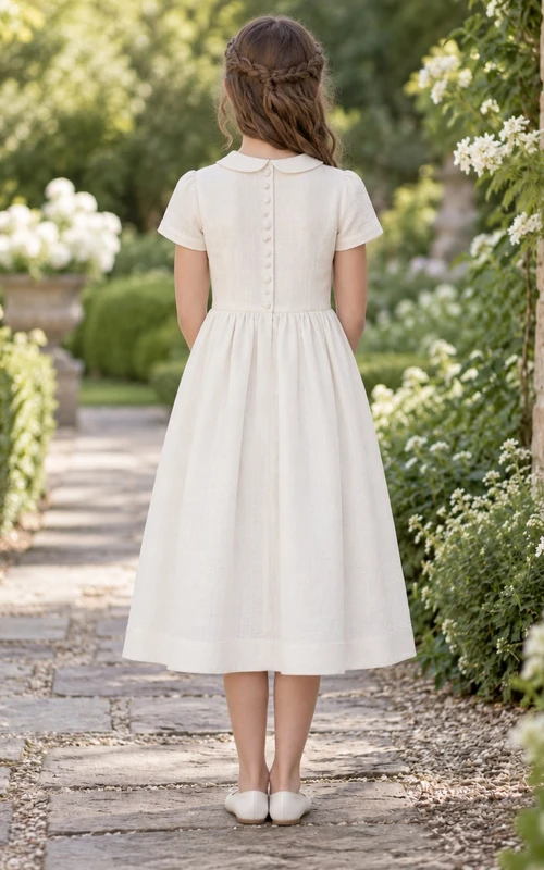 Modest Ivory Tea-length Wide Rounded Collar Short Sleeve Fine Pintucked Flower Girl Dress