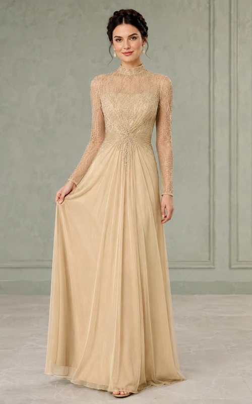 Modest Champagne High Neck Long Sleeve Beaded Tulle A-Line Floor-Length Gown