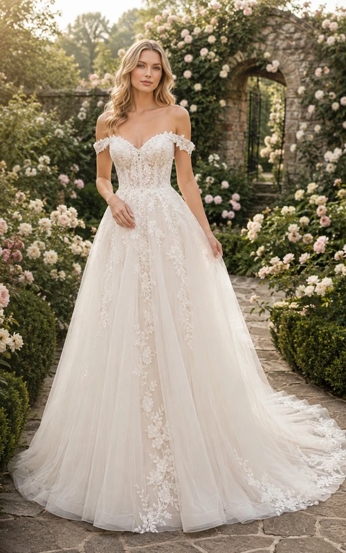 Off-the-Shoulder Lace Ball Gown Wedding Dress