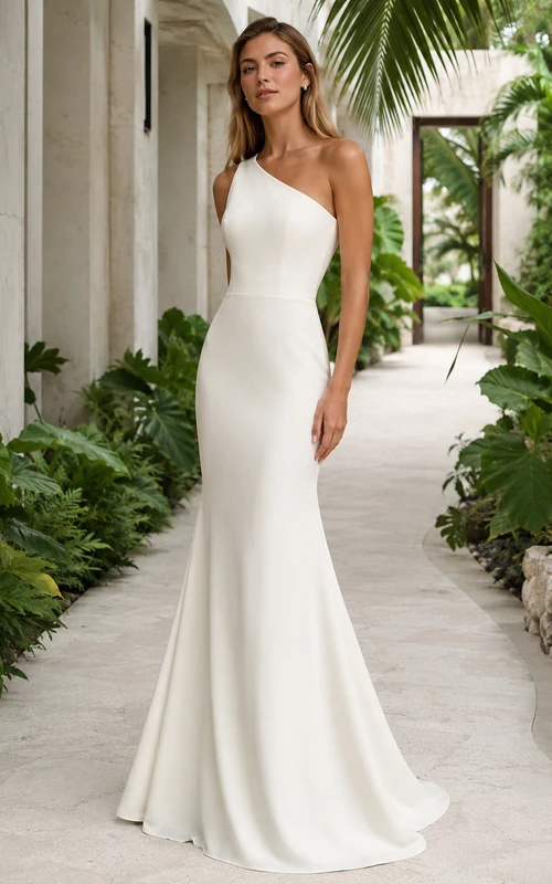 One Shoulder Minimalist Tropical Island Mermaid Elopement Gown