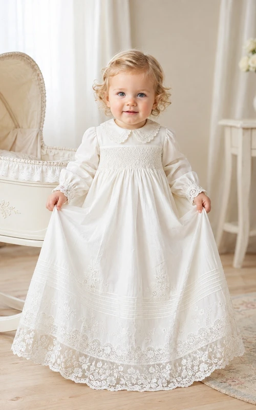 Vintage Modest Long Sleeve Lace Floor Length Christening Baby Gown