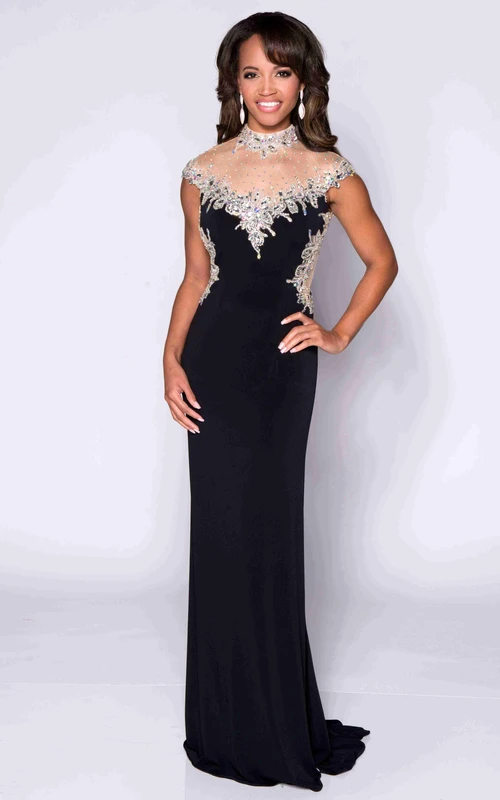 Robe de bal en jersey à col montant, manches courtes et dos nu en forme de goutte d'eau, avec haut brillant