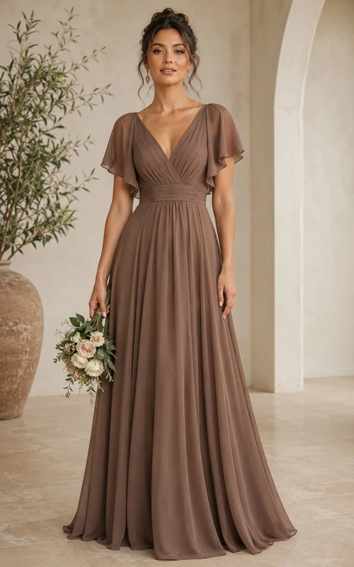 Vestido de gasa color topo con escote en V y mangas con volantes, corte en A.