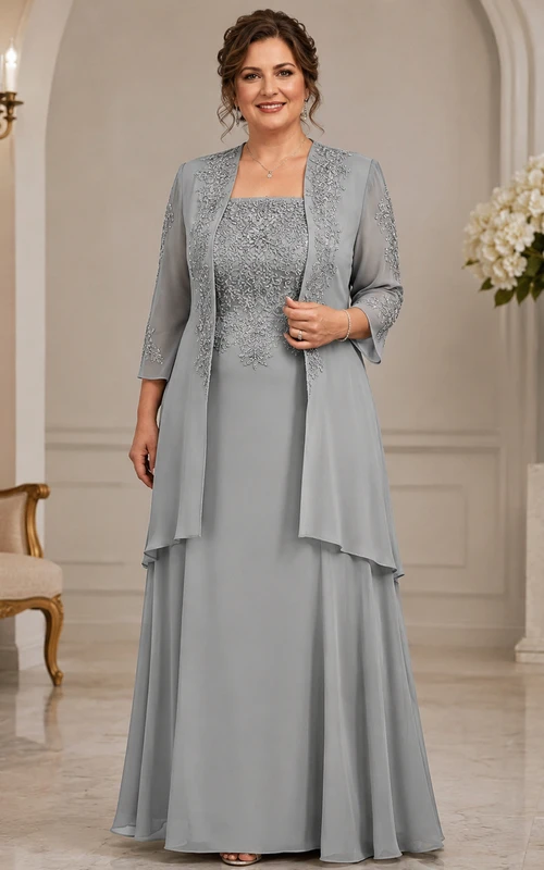 Steel Grey Mother Dress with Jacket Steel Grey Square A-Line Floor-length