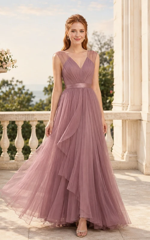 Abendkleid in Mauve-Tüll mit V-Ausschnitt, drapiert, ärmellos, bodenlang, A-Linie