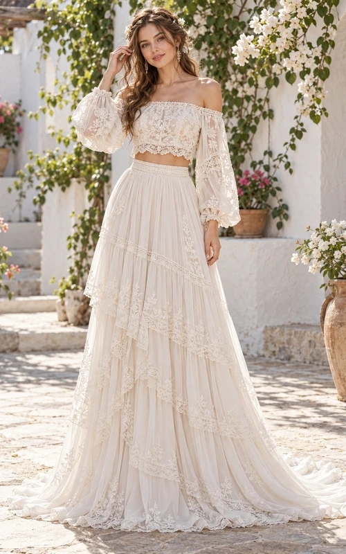 Boho Two Piece Off Shoulder Poet Sleeve Lace Wedding Dress