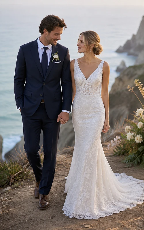 Robe de mariée sirène en dentelle blanche à col V et traîne chapelle