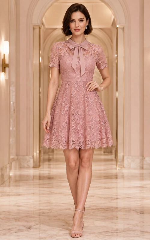 Dusty Rose Lace Bow Neck Cap Sleeve Short A-Line Dress