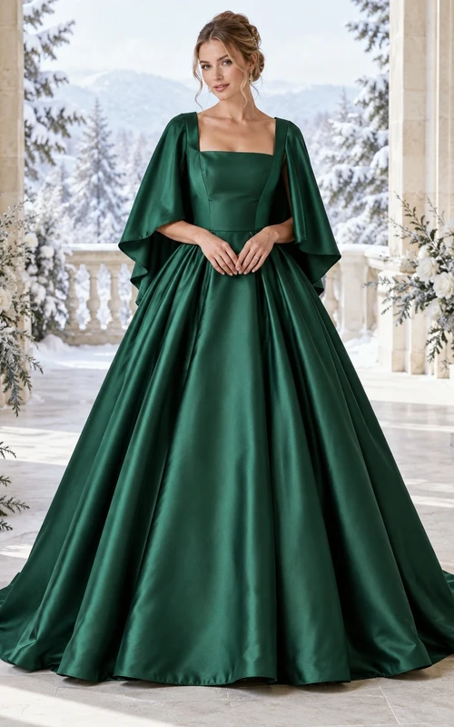 Vestido de novia de gala con capa plisada de satén verde oscuro y cuello cuadrado, estilo invierno.