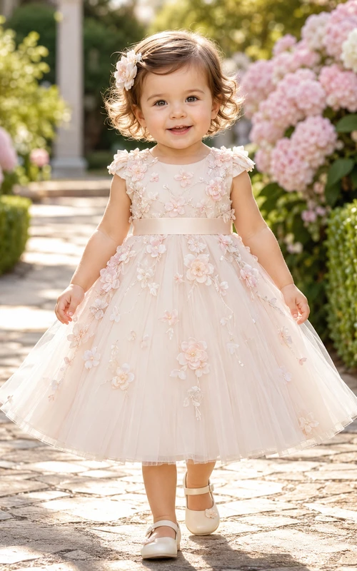 Zartrosa Taufkleid für Babys, A-Linie, Teelänge, Rundhalsausschnitt, ärmellos, aus Tüllspitze mit 3D-Blumenapplikationen, Schleife, Knopfleiste am Rücken