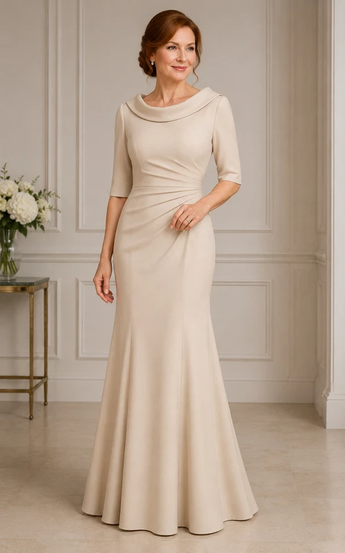 MOB-Kleid Champagnerfarbenes Satin-Meerjungfrauenkleid mit halben Ärmeln, Wasserfallausschnitt, bodenlang, drapiert