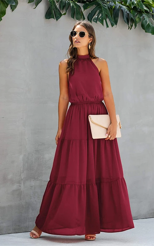 Robe de bal simple en mousseline, col halter, sans manches, coupe trapèze, à volants