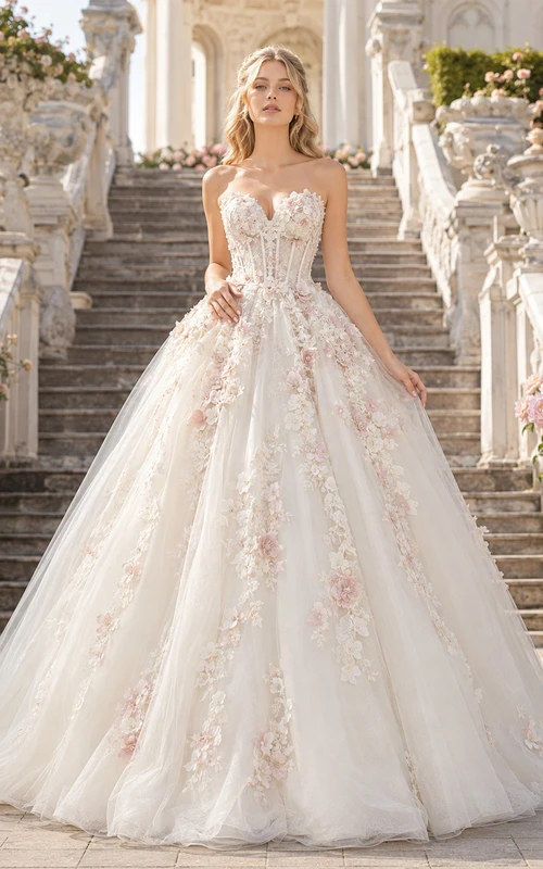 Vestido de gala con apliques florales para bodas en jardines palaciegos