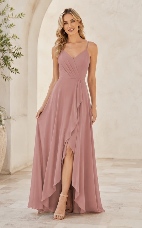Dusty rose spaghetti strap slit chiffon floor length dress