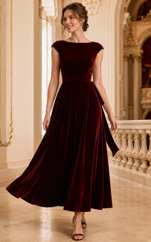 Vestido formal de terciopelo burdeos con escote barco, mangas cortas y corte en A hasta el tobillo.