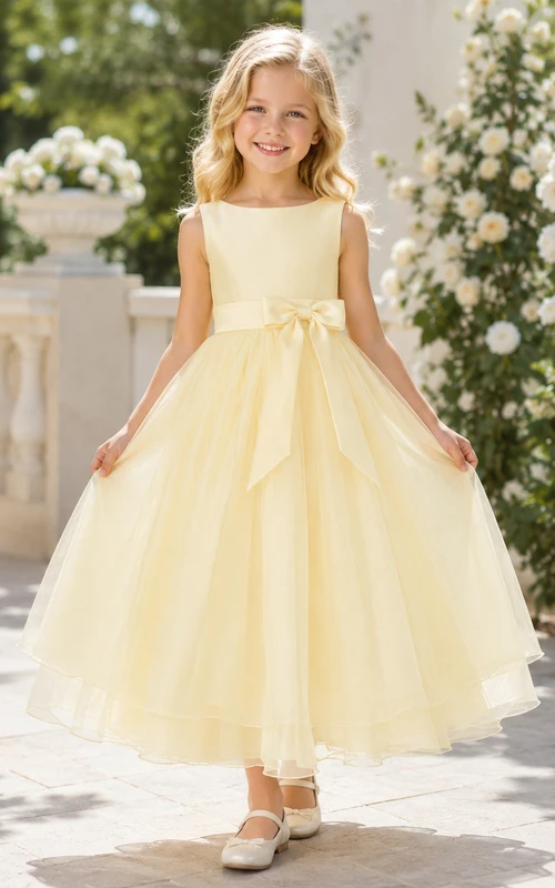Gelbes Tüllkleid in A-Linie mit Schleife, kurzen Ärmeln, Rundhalsausschnitt, wadenlangem Rock und Schleifendetail.