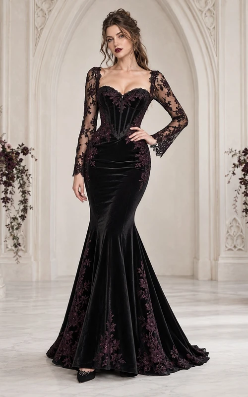Vestido de dama de honor ajustado de terciopelo negro estilo sirena gótico con encaje y escote corazón tipo corsé.