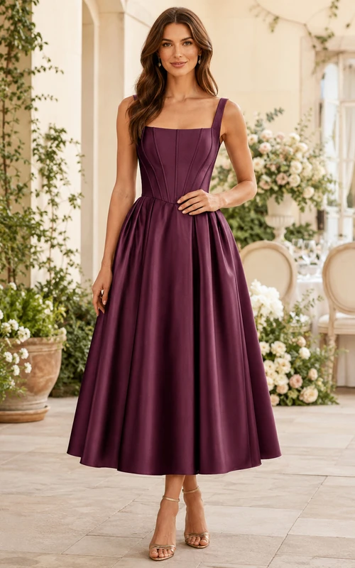 Vestido de fiesta de satén con escote cuadrado y corte en A, color ciruela.