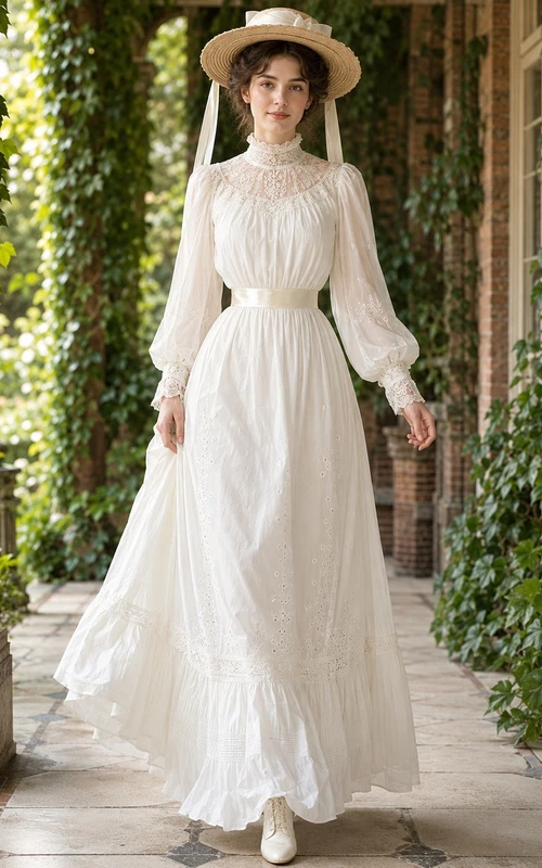 White High Neck Lace Poet Sleeve A-Line Floor-Length Vintage Garden Dress