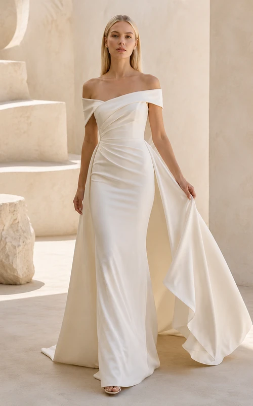 Schulterfreies Brautkleid aus Satin mit Etui-Schnitt und seitlicher Drapierung