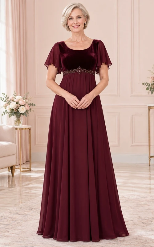 Vestido de gasa con cuentas, corte imperio, largo hasta el suelo, corpiño de terciopelo, mangas con volantes y detalles de cuentas, ideal para la madre de la novia.