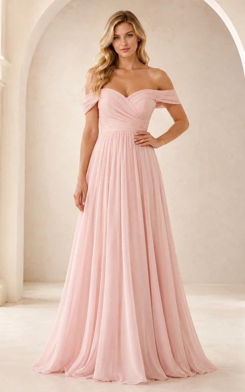 Blush Off-Shoulder Sweetheart Ruched Chiffon Romantic A-Line Bridesmaid Gown Reception