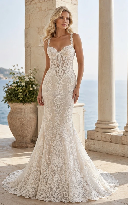 Meerjungfrauen-Brautkleid mit Spitze und Schleppe, festlich