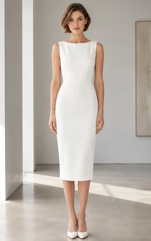 Civic Line White Sheath Knee-Length Bateau Sleeveless Stretch-Satin Simple Cocktail Dress