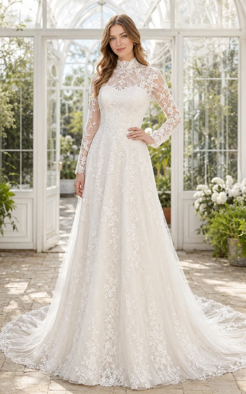 Robe de mariée bohème modeste à col montant, manches longues illusion en dentelle, tulle, coupe trapèze et traîne chapelle