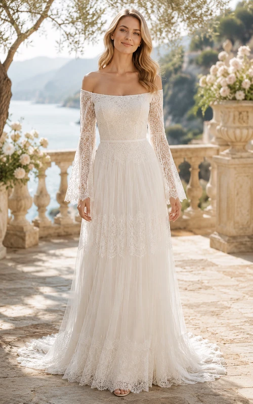 Ivory Off-the-Shoulder Long Sleeve Lace Tiered Wedding Dress