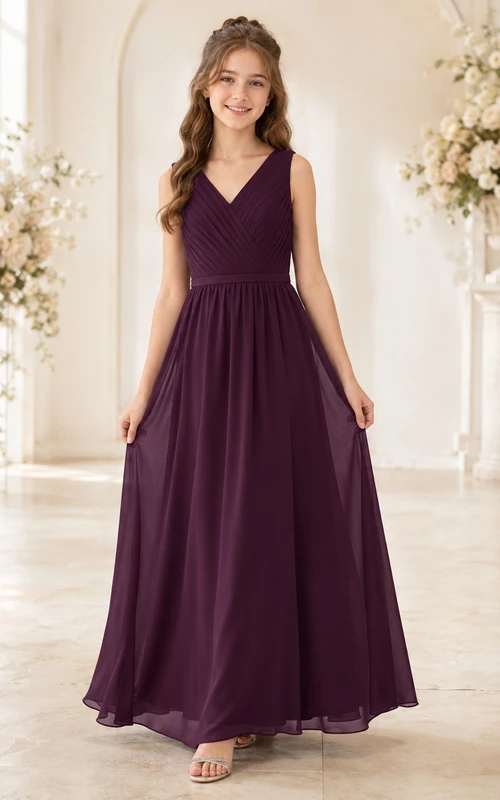 Pflaumenfarbenes Brautjungfernkleid für junge Damen, A-Linie, V-Ausschnitt, ärmellos, elegant, formell