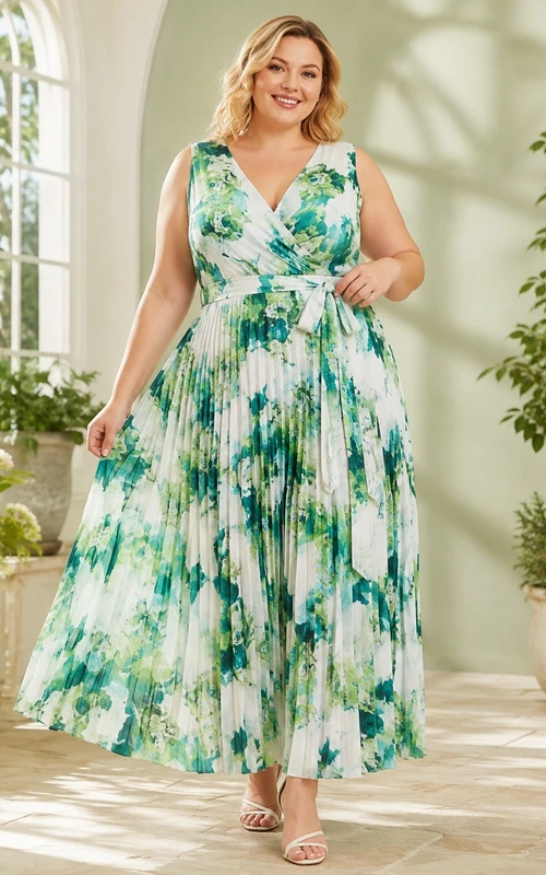 Floral Plus-Size Chiffon V-Neck Sleeveless A-Line Tea-Length Dress