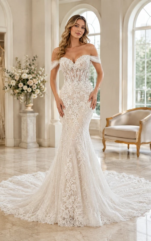 Robe de mariée sirène spectaculaire en dentelle, épaules dénudées, manches courtes, traîne chapelle, applications florales, style jardin