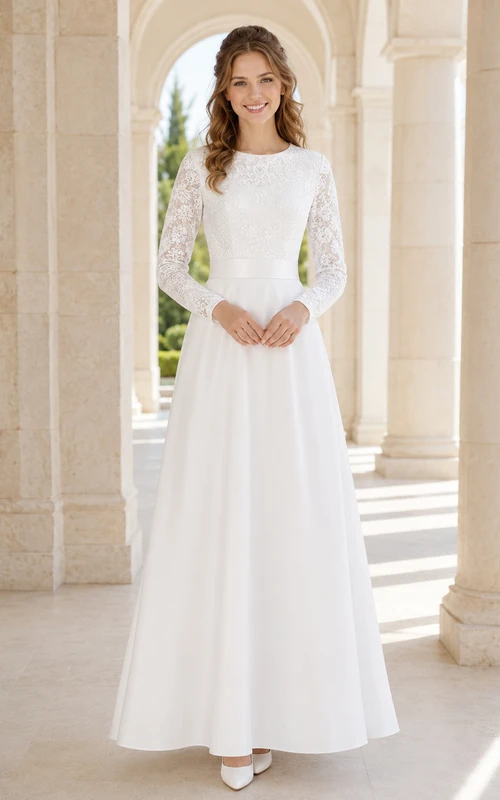 Robe de mariée modeste en satin à manches longues en dentelle et coupe trapèze, style bateau