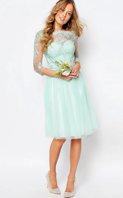Knee-Length Appliqued Bateau Neck 3-4 Sleeve Tulle Bridesmaid Dress