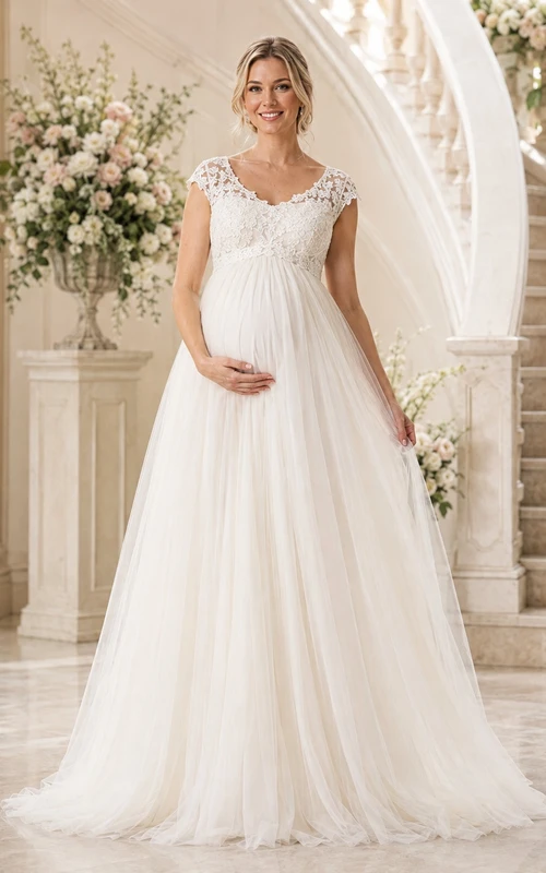 Maternity Lace Cap Sleeve Pleated A-Line Floor-length Wedding Gown