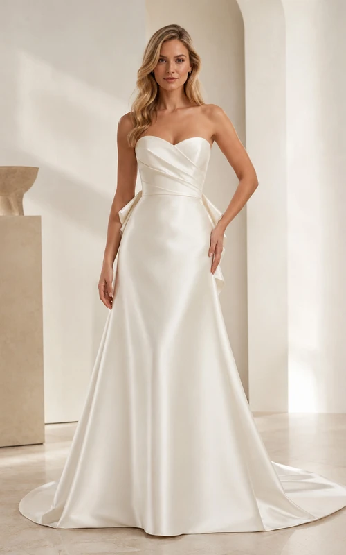 Brautkleid aus Satin, A-Linie, trägerlos, herzförmig, mit Schleppe
