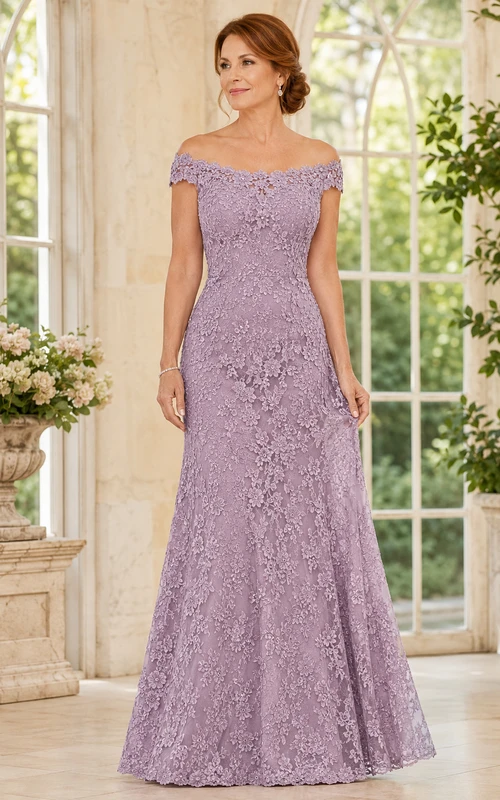 Lavendelfarbenes schulterfreies Meerjungfrauen-Kleid aus Spitze für Mütter