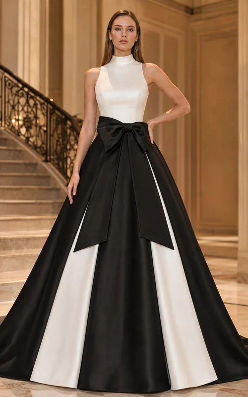 Modern Sleeveless Floor-length Satin Black White Panel Ball Gown Dress