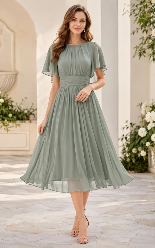 Meadow Breeze Celadon A-Line Tea-Length Jewel Short-Sleeve Chiffon Elegant Guest Dress