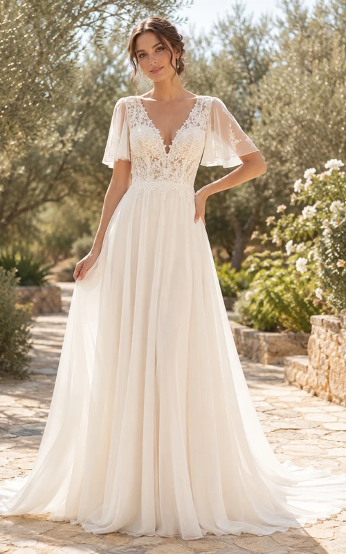 Boho V Neck Flutter Lace Sleeve Chiffon A-Line Sweep Summer Wedding Gown