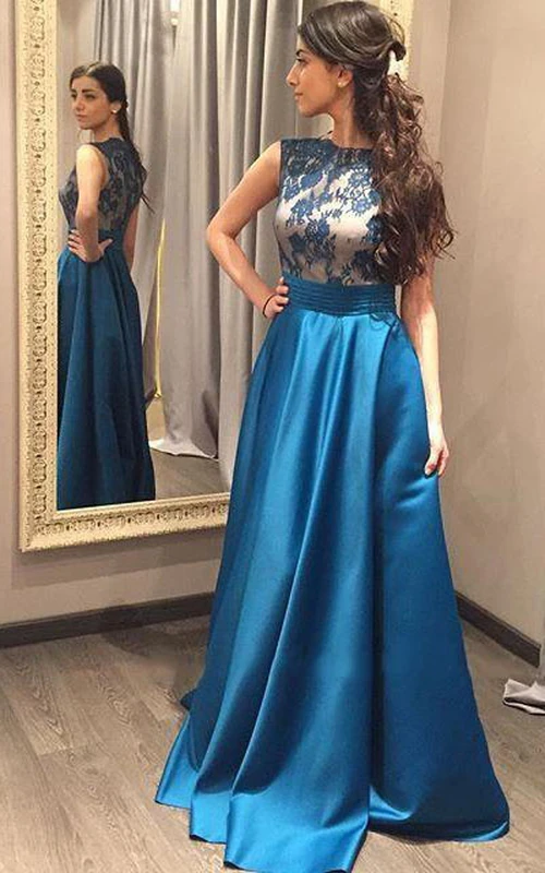 Vestido largo de satén y encaje sin mangas, corte en A, hasta el suelo.