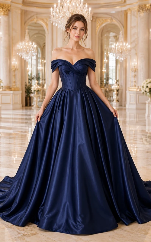 Navy Blue Off Shoulder Satin Ball Gown Chapel Train Wedding Dress