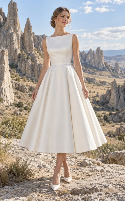 Sencillo vestido de novia de satén de corte A, largo hasta la rodilla, con escote barco y sin mangas, falda plisada.
