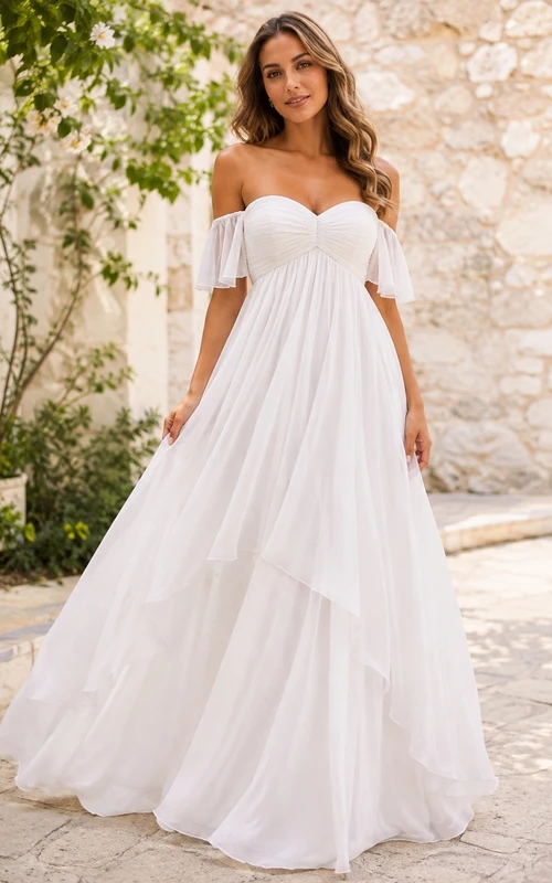 Bohemian Chiffon Off-the-Shoulder A-Line Sweep-Train Bridal Wedding Dress