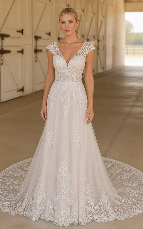 Vestido de novia romántico de manga corta, corte A, escote en V, encaje de vid con borde y cola catedral