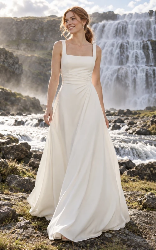 Vestido de novia sencillo de crepé, sin mangas, con escote cuadrado y corte en A, cintura fruncida.