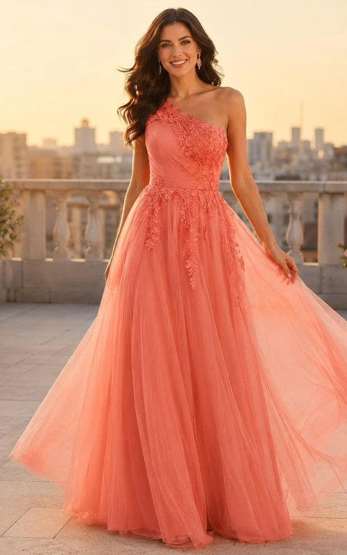 Vestido de noche largo hasta el suelo, de corte A, sin mangas, de tul, asimétrico, color coral, estilo romántico.