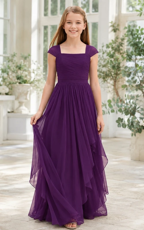 Traubefarbenes Brautjungfernkleid für junge Mädchen, A-Linie, eckig, kurze Ärmel, plissiert, romantisch