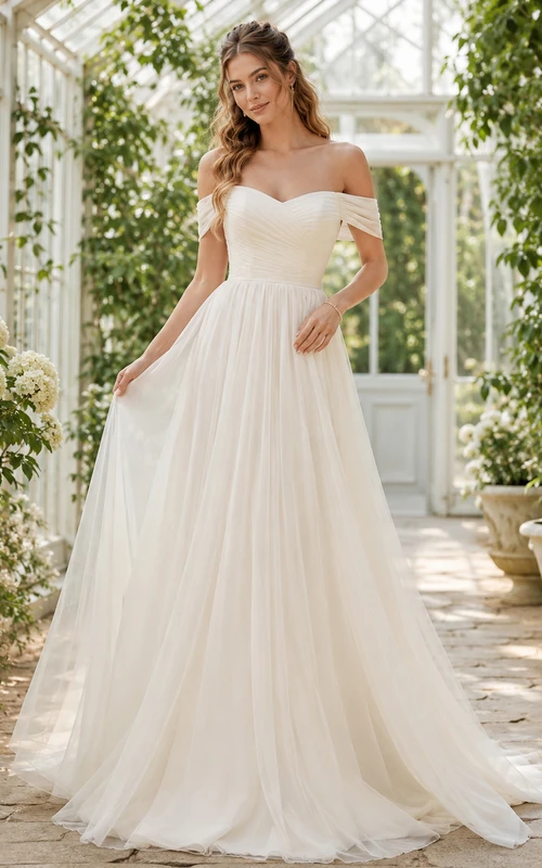 Robe de mariée d'été respirante en mousseline de soie, décolleté en cœur, épaules dénudées, coupe trapèze.
